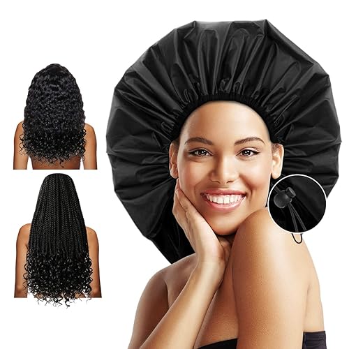 Auban Extra Large Shower Cap, Waterproof Reusable Hair Cap, XL Satin Lined Shower Bonnet for Women Men Thick Long Hair, Braids, Dreadlocks(Adjustable)