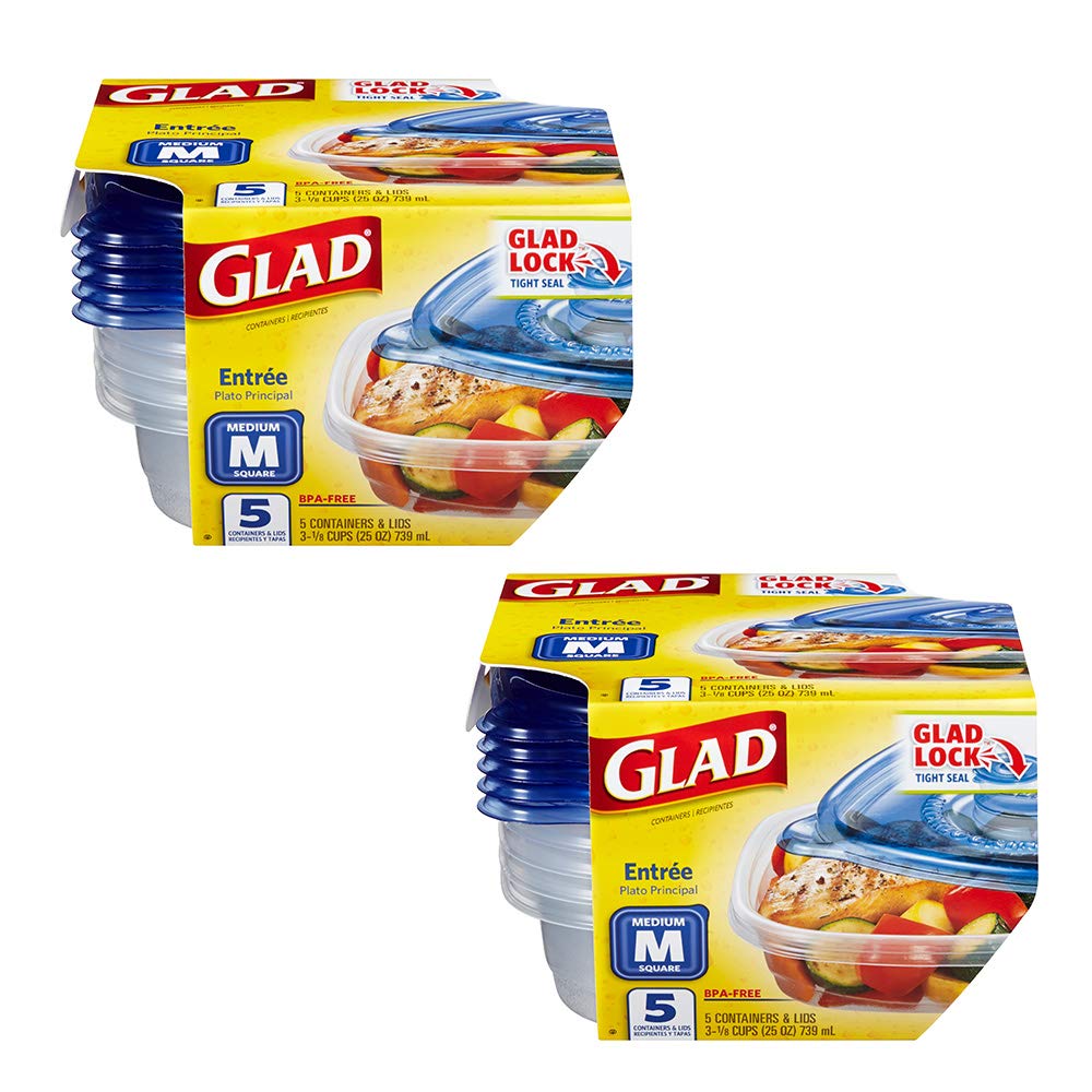 GladWare Entrée Food Storage Containers with Glad Lock Tight Seal | BPA Free | Medium Square Plastic Containers Hold Up to 25 Ounces of Food, 5 Count…