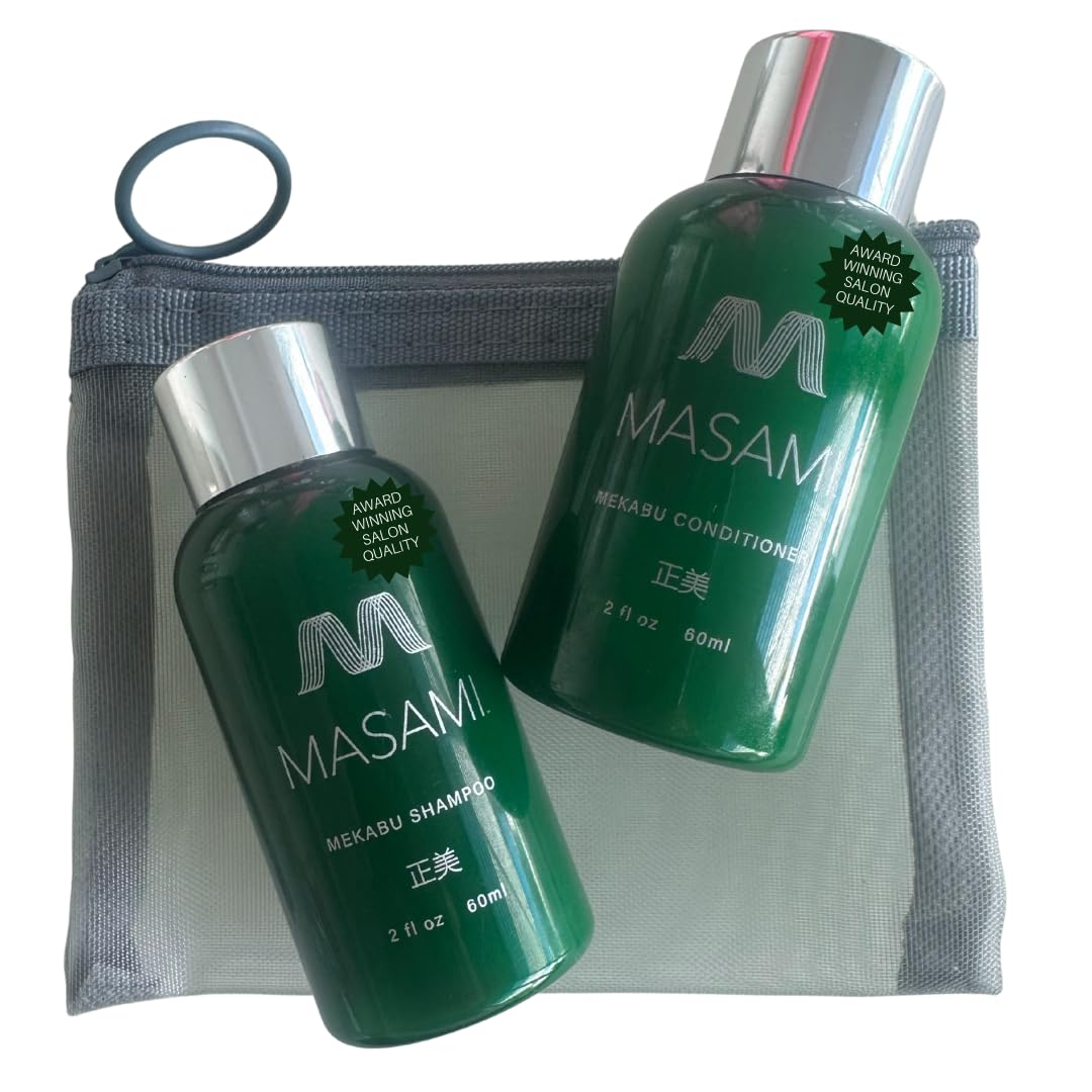 MASAMI Mekabu Hydrating Shampoo and Conditioner Travel Set in Mesh Zipper Pouch, 2 fl oz Each, Vegan Plant-Based Formula for All Hair Types