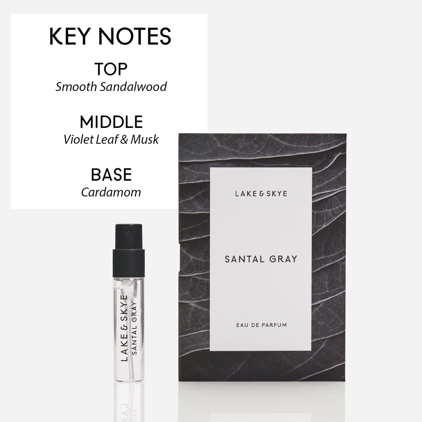 Lake & Skye Santal Gray Eau de Parfum Sample, Long Lasting Fragrance, 0.06 fl oz (2 ml) - Santal, Cardamom, Sandalwood, Earthy, Musk, Vegan Beauty & Personal Care Lake & Skye
