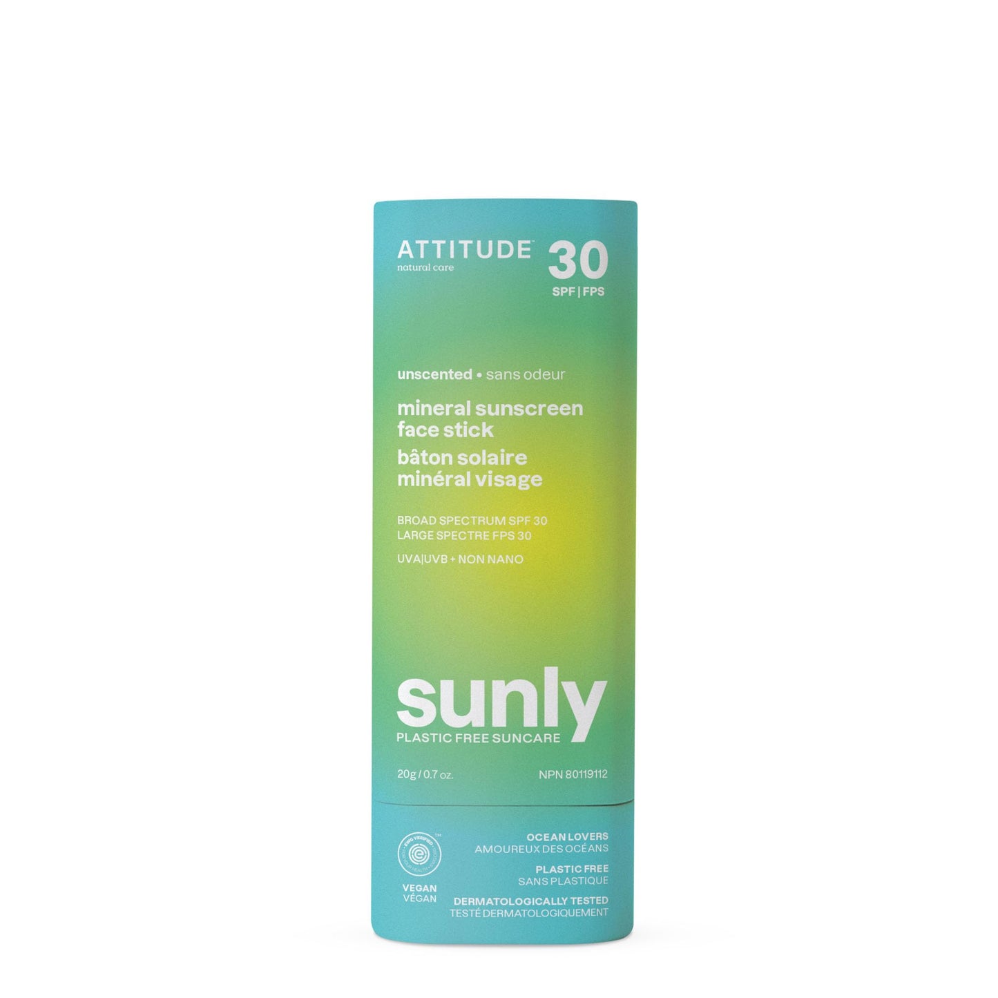 ATTITUDE Mineral Face Sunscreen Stick with Zinc Oxide, SPF 30, EWG Verified, Plastic-Free, Broad Spectrum UVA/UVB Protection, Dermatologically Tested