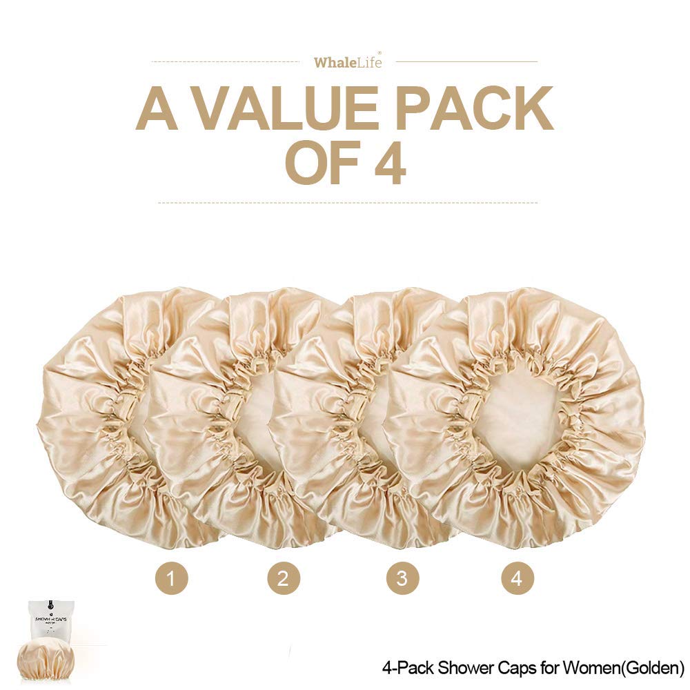 Shower Cap for Women Reusable Extra Large Shower Cap for Men (Golden 4 Pack Large) Satin Double Layer EVA Waterproof Long Hair Cap