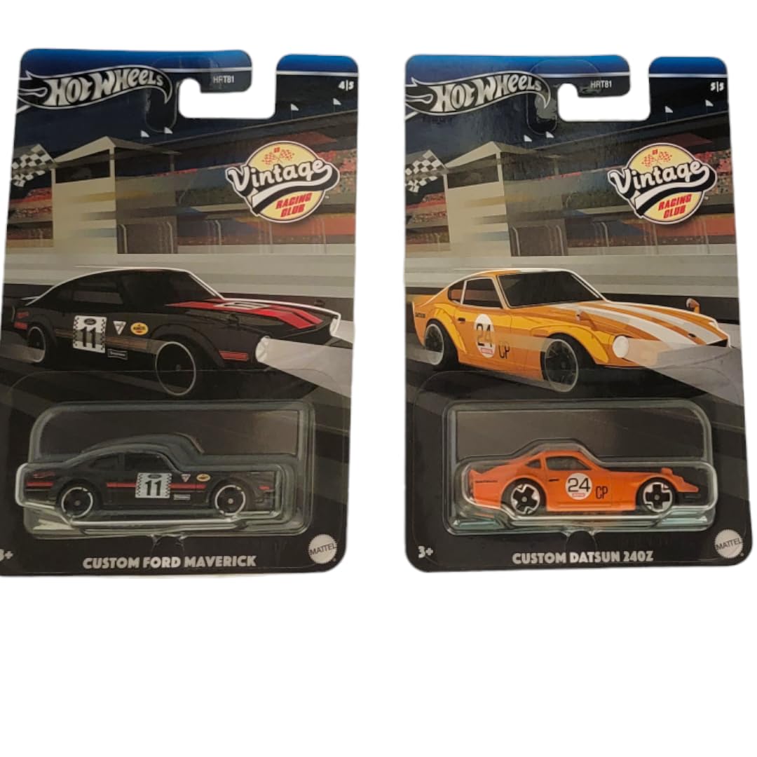 Hot Wheels 2024 Vintage Racing Club - Bundle of 2 (HRT81‑956B) | Custom Ford Maverick & Custom Datsun 240Z | 1:64 Die‑Cast Collector Cars - Ages 3+