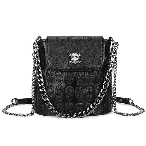 Downupdown Skull Handbags Purse Women Satchel Crossbody Bag Goth Chain Shoulder Bag Small Tote Hobo Bags Flap Zip Phone Bag-Black