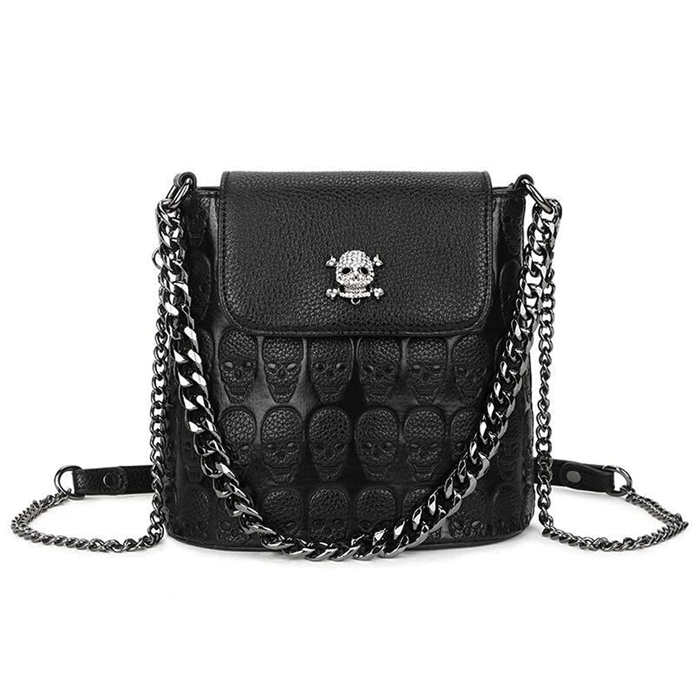 Downupdown Skull Handbags Purse Women Satchel Crossbody Bag Goth Chain Shoulder Bag Small Tote Hobo Bags Flap Zip Phone Bag-Black