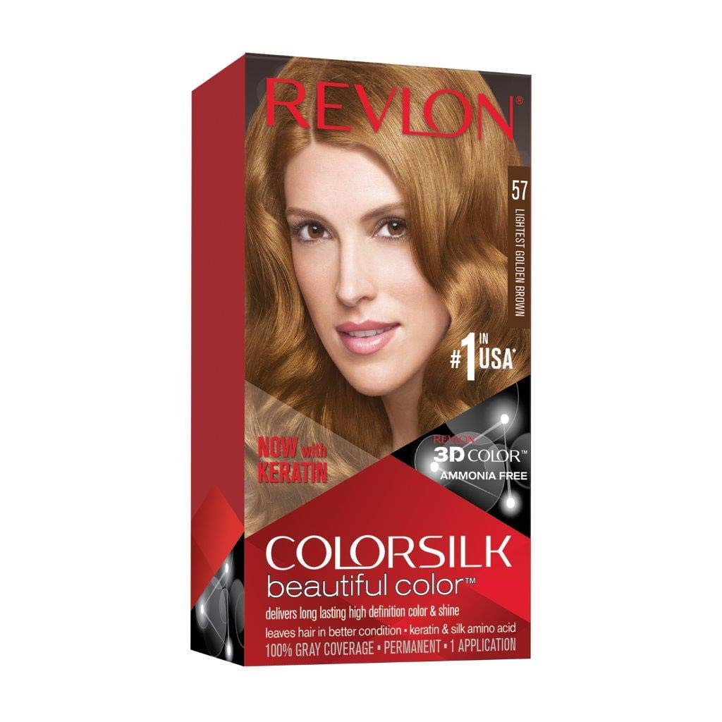 Revlon Permanent Hair Color, Permanent Hair Dye, Colorsilk with 100% Gray Coverage, Ammonia-Free, Keratin and Amino Acids, 57 Lightest Golden Brown