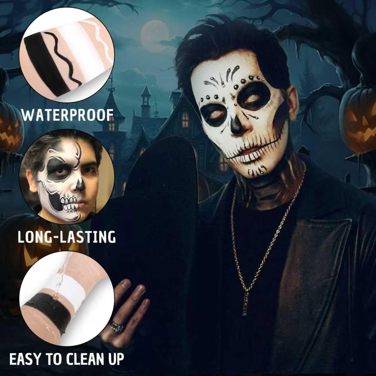 Halloween White Black Oil Face Body Paint Set, Halloween Skeleton Makeup Kit with 2 Brushes, Professional Black White Face Body Painting Kit