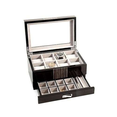 Bey-Berk Tucker 10-Slot Watch and Jewelry Box, Lacquered Wenge Wood Glass-Top Organizer with Velour-Lined Cufflink and Pen Drawer, 12" x 8" x 6"
