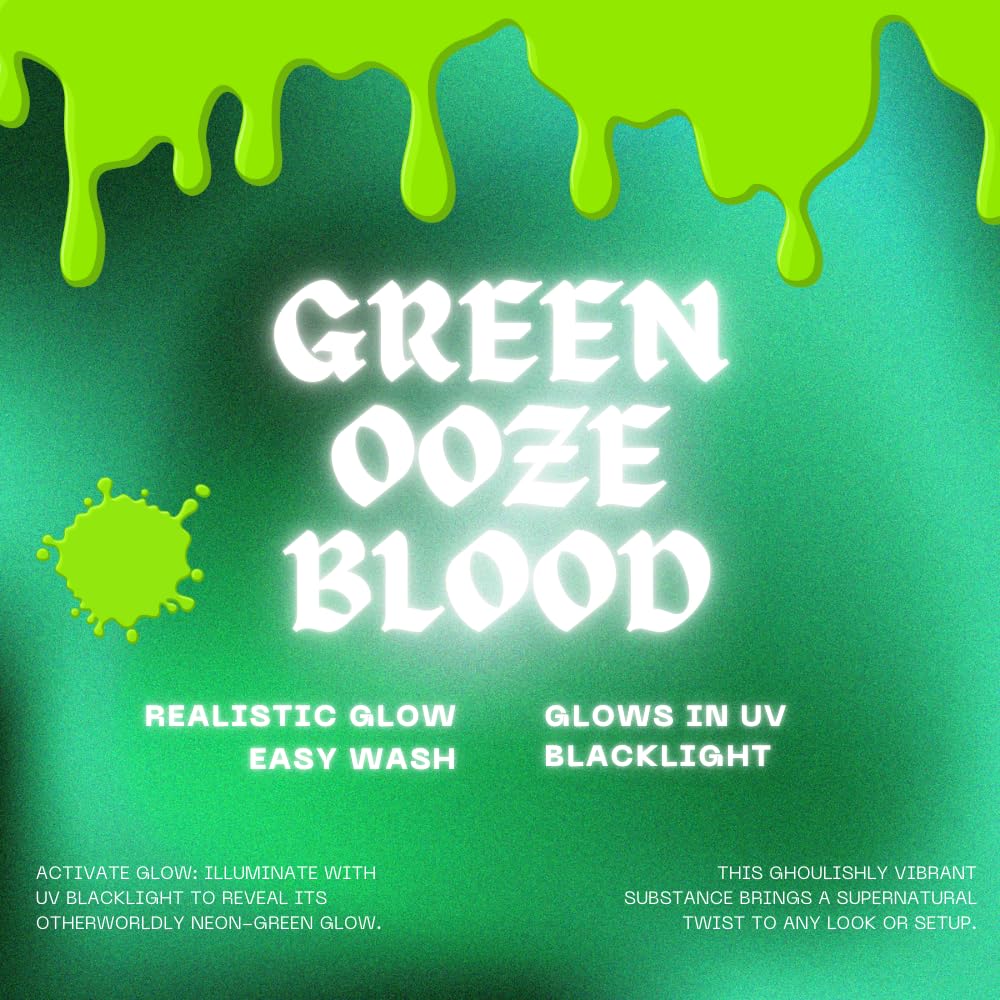 UV Reactive Green Monster Ooze Blood - 1 fl oz Fake Green Blood, Halloween Costume Makeup for Gory Effects and Special Effects, Makeup for Spooky
