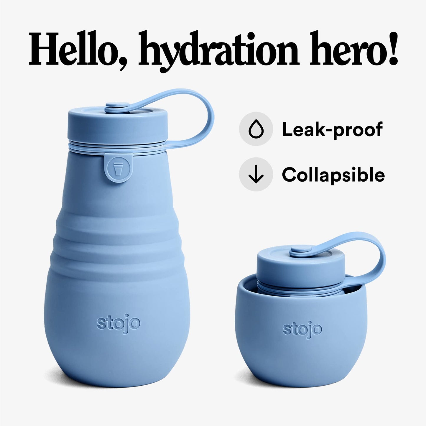 STOJO Jr Collapsible Bottle for Kids - Steel Blue, 14oz / 400ml - Leak-Proof Reusable Silicone Travel Cup for Hot & Cold Drinks -On-The-Go Camping…