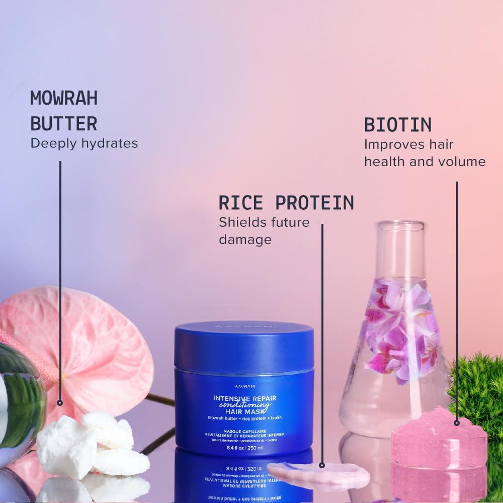 AAVRANI Intensive Repair Conditioning Hair Mask - Mask for Dry, Damaged Hair - with Biotin, Rice Protein, & Mowrah Butter to Repair - Vegan - 8.4 Oz