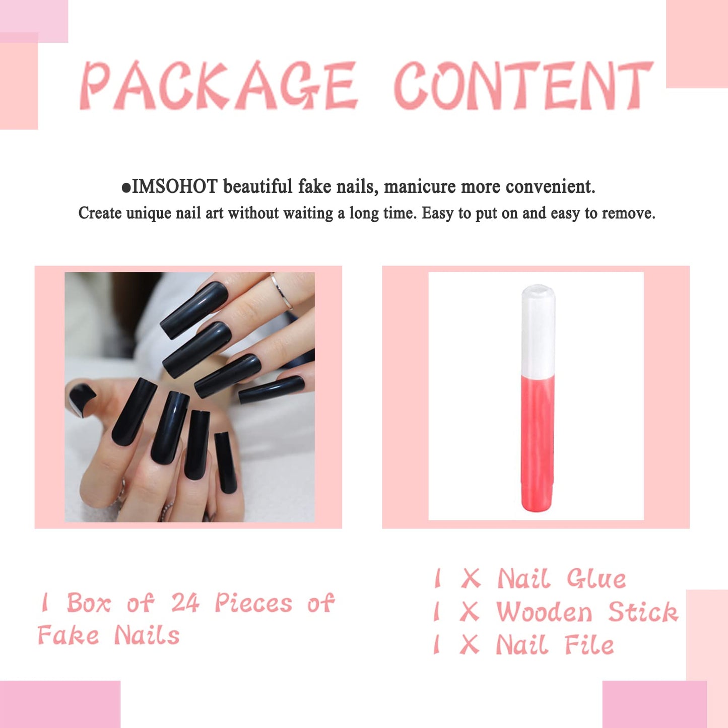 IMSOHOT 24Pcs Square Press on Nails Extra Long Squoval False Nails Black Fake Nails Full Cover Solid Color Acrylic Nails for Women