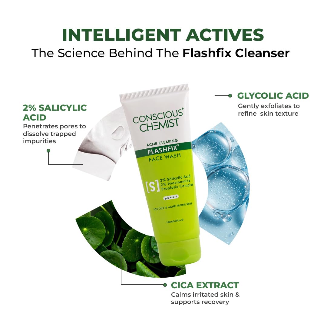 Conscious Chemist® 2% Salicylic Acid Face Wash | 100ml | Face Wash for Oily & Acne Prone Skin for Men & Women, Glycolic Acid & CICA Extract
