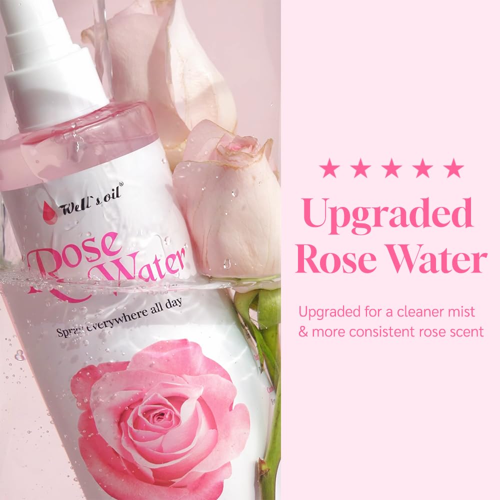 Well's Oil Rosewater Face & Hair Mist Spray (8 fl oz / 236 mL) | Floral Rosewater Hydrosol | Alcohol-Free