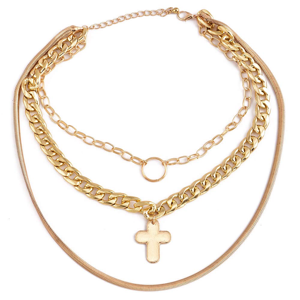 DoubleNine Ring Cross Choker Thick Gold Chain Choker 3 Layer Chain Curb Collar nNecklace for Women Girls