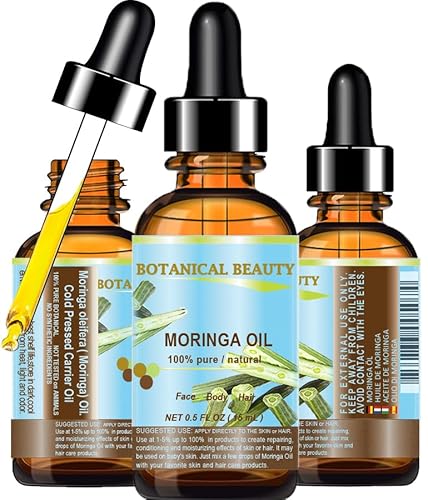 Botanical Beauty Moringa Oil 100% Pure Natural Undiluted Cold Pressed Carrier Oil for Face Skin, Hair, Lips, Nails. Rich in Vitamin C, Vitamin E (0.5