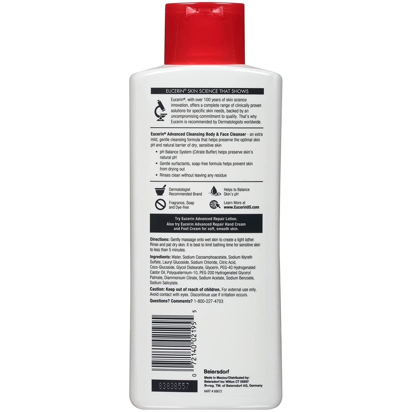 Eucerin Advanced Cleansing Body & Face Cleanser 16.9 Ounce (Pack of 6)