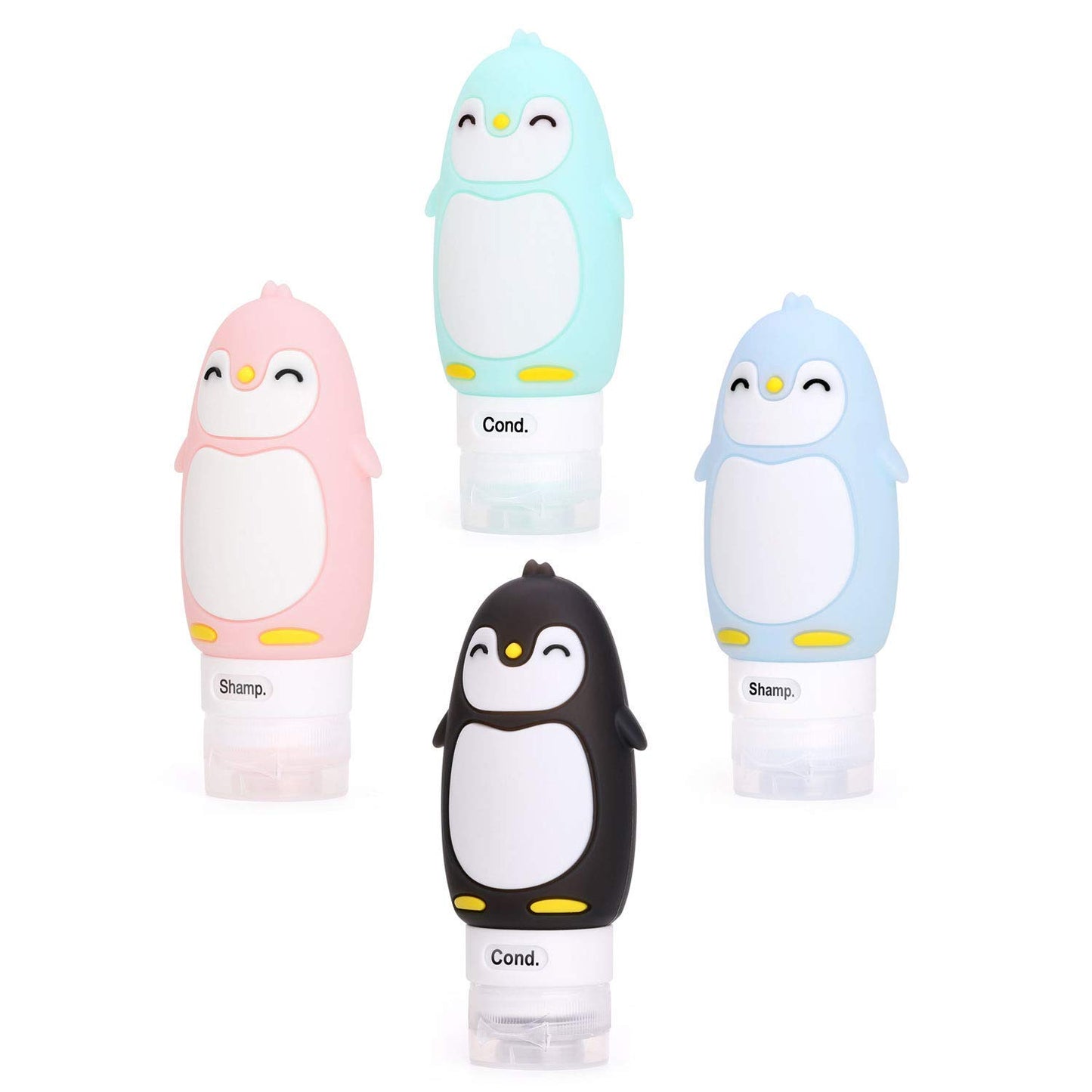 AUTENS Leakproof Silicone Travel Bottles Accessories Set,3oz (90ml) 4 Pack Refillable Cute Penguin Travel Containers for Shampoo,Lotion Sunscreen ect.