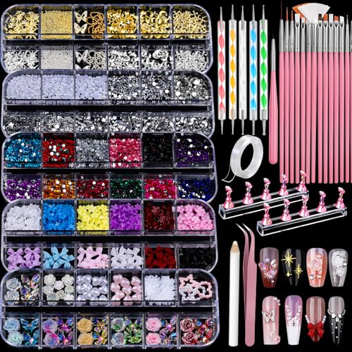 Teenitor Nail Charms and Nail Art Tools Set, Nail Art Kit with 5 Boxes of 3D Nail Charms and Gems Rhinestones, 15 Pcs Nail Art Brushes, 5 Pcs Nail Beauty and Personal Care Teenitor Default Title