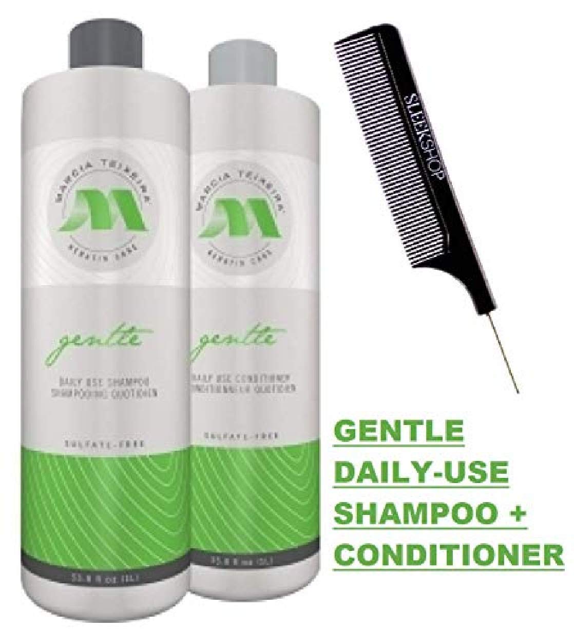 Marcia Teixeira Keratin Care Gentle DAILY USE Shampoo & Conditioner DUO SET, Sulfate-Free for Oily Hair (w/Sleek Comb) Hydrates Softens Shiny (33 oz +