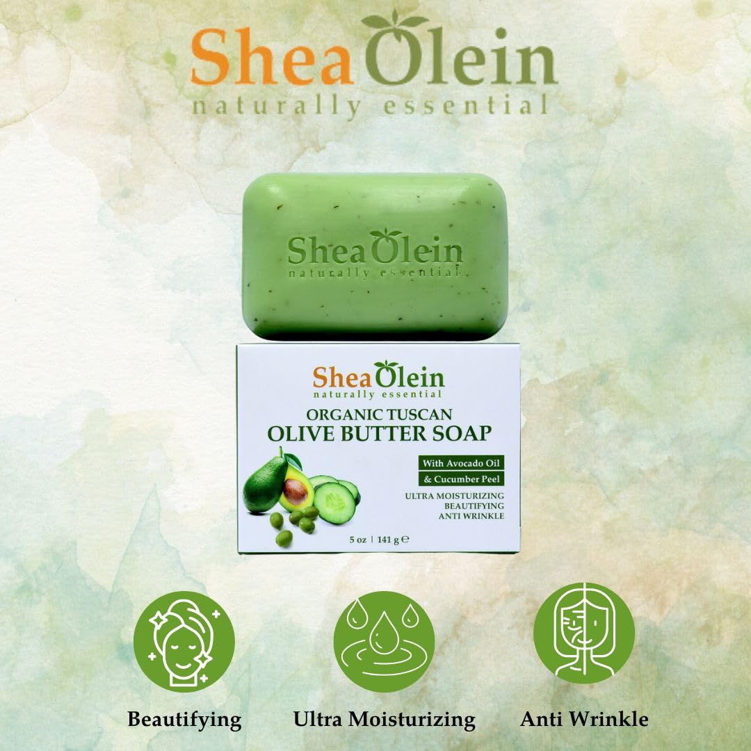 SheaOlein naturally essential Organic TUSCAN OLIVE BUTTER SOAP with Avocado Oil & Cucumber Extract 5 oz Bar (Pack Of Six)