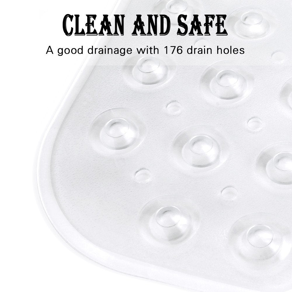YINENN 40x16" Bath & Shower Mat – Non-Slip with Suction Cups, Drain Holes, Machine Washable, Extra Large Tub Floor Mat – Clear