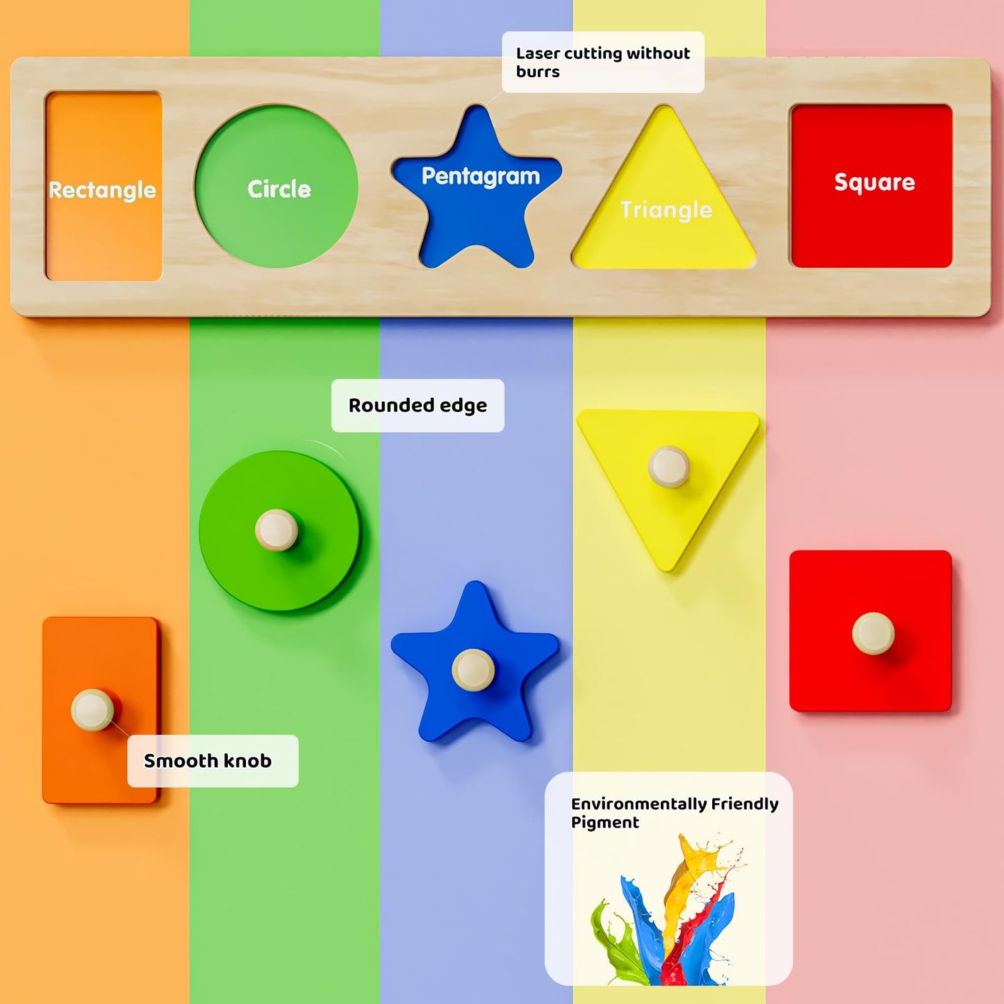 QODOFLR First Jumbo Knob Wooden Shape Puzzle – Montessori Sorting Toy for Toddlers Ages 1-3, Preschool Learning Peg Puzzle for Boys & Girls