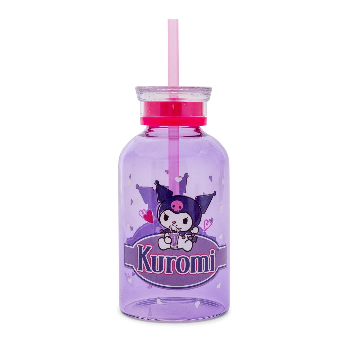 Silver Buffalo Sanrio Hello Kitty and Friends Featuring Kuromi Hearts Purple Glass Milk Bottle with Straw, 15 Ounces