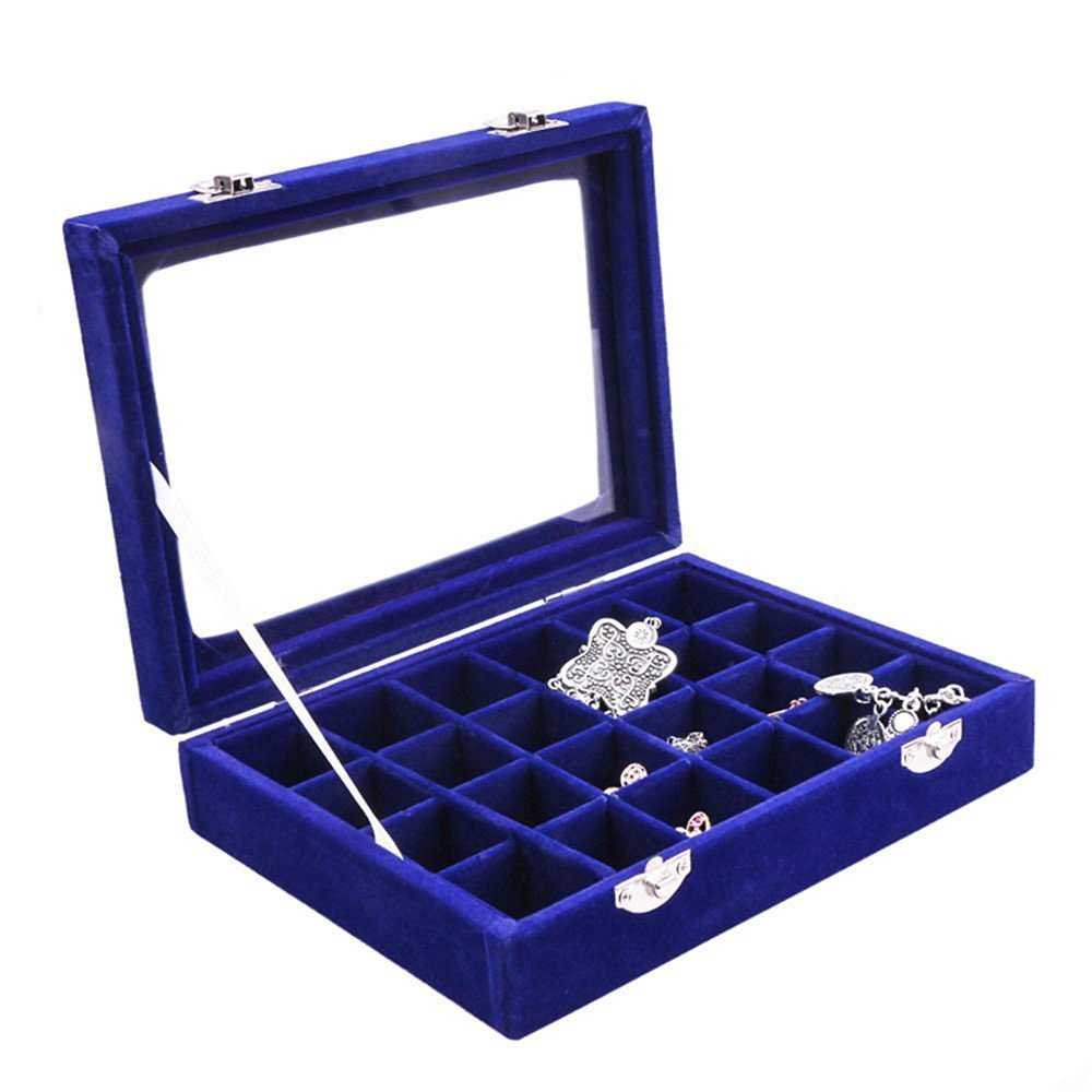 Novadeal 24 Grids PU Velour Leather Multipurpose Jewellery Storage Box Ring/Earrings/Necklace Tray Display Case Organizer - Dark Blue