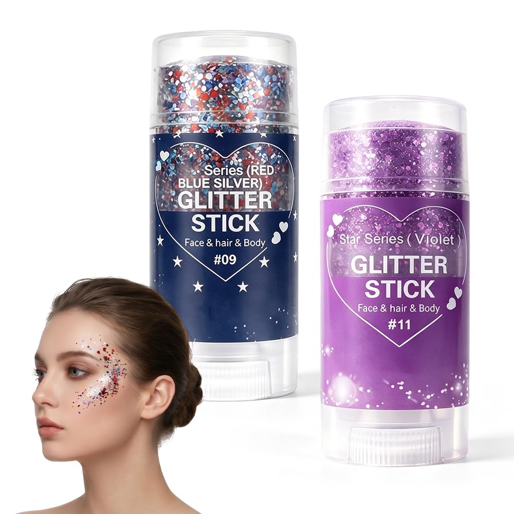 4th of July Glitter Stick, Patriotic Red White and Blue Face Hair Body Glitter Stick, 4th of July Outfits for Women Men, Sparkling Glitter Makeup