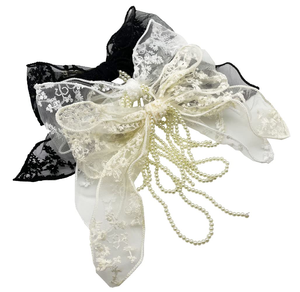 Sovenny 3 Pieces Lace Bow Pearl Chain Hair Clips Flower Embroidery Non Slip Hair Bow Barrettes for Women and Girls (White, Beige, Black)