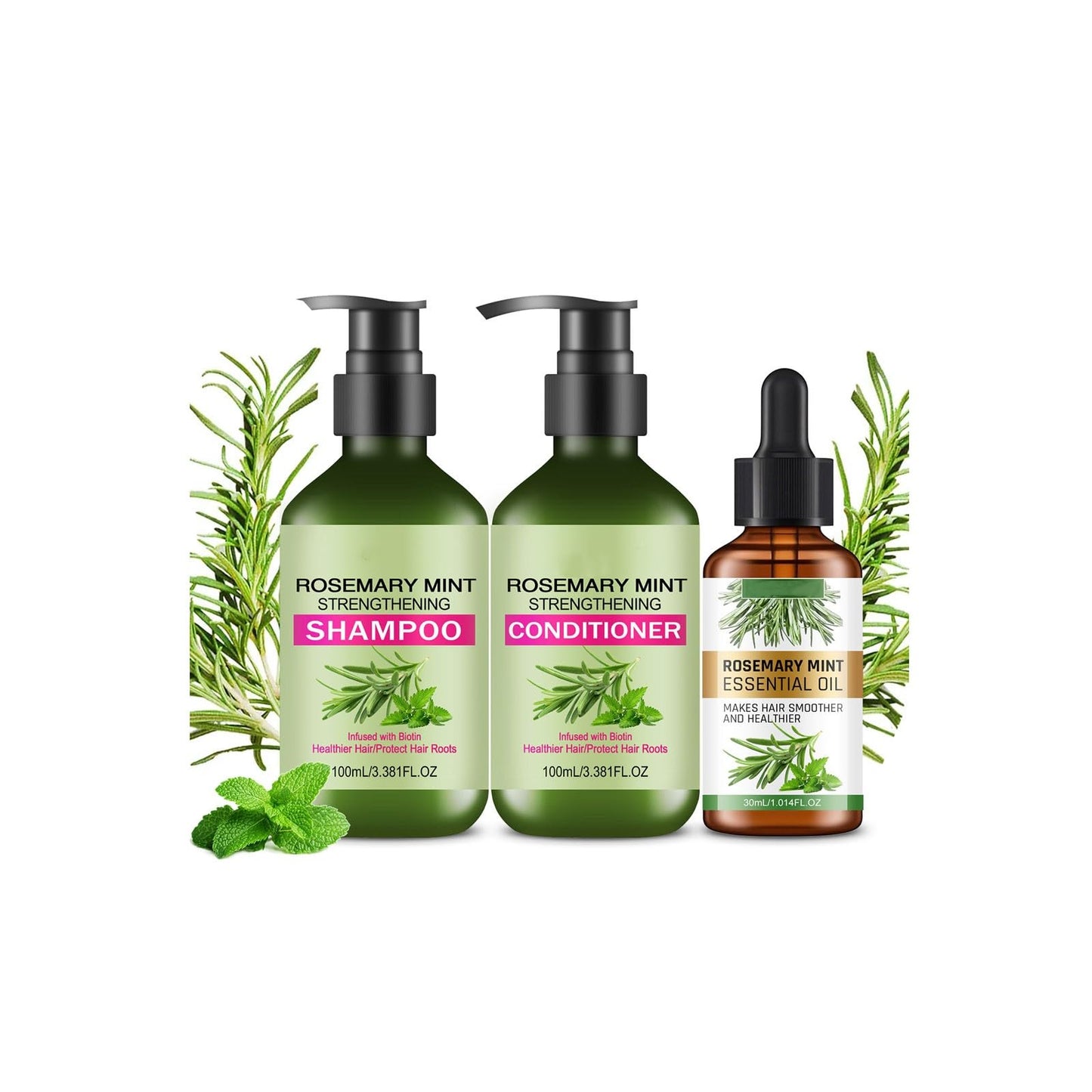 Rosemary Mint Strengthening Shampoo and Conditioner with Hair Oil, Rosemary Hair Treatment Set For Strengthens Hair, Nourish & Smooth for Thin Hair