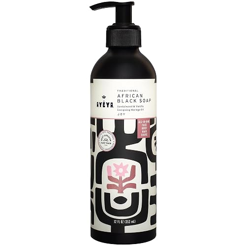 AYÉYA Liquid African Black Soap - Joy | Sandalwood, Vanilla & Moringa for Radiance | Vegan Hydrating Face & Body Wash | Natural African Soap with Shea
