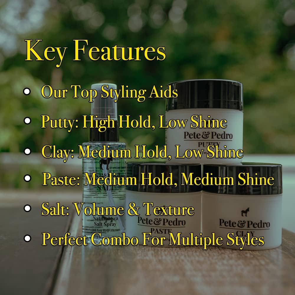Pete & Pedro CORE FOUR HAIR KIT - Men's Hairstlying Best Of Set | Hair Clay, Paste, Putty, & Sea Salt Spray | As Seen on Shark Tank, 2 oz. Each