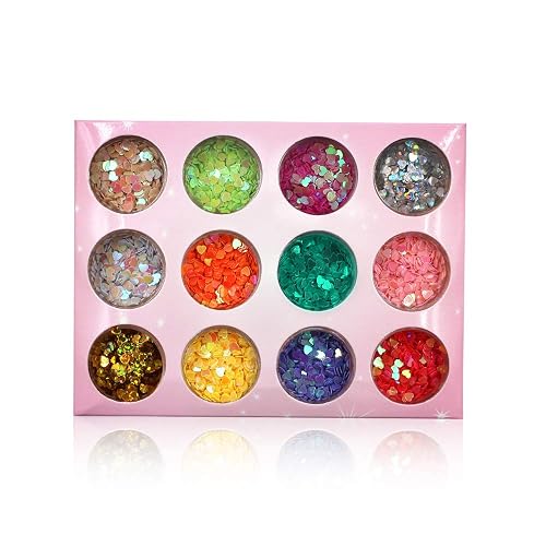 Minejin Nail Art Glitter Heart Shape Sequins Iridescent Colorful Confetti Chunky Flakes Tips Manicure 12 Colors Beauty & Personal Care Mygitter