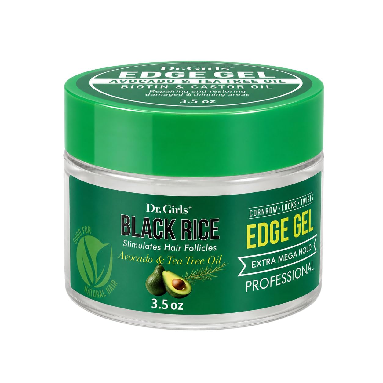 Dr. Girls Rice Water Edge Gel - Extra Mega Hold for Cornrows, Locs & Twists with Biotin, Castor Oil 3.5oz (Avocado & Tea Tree Oil)