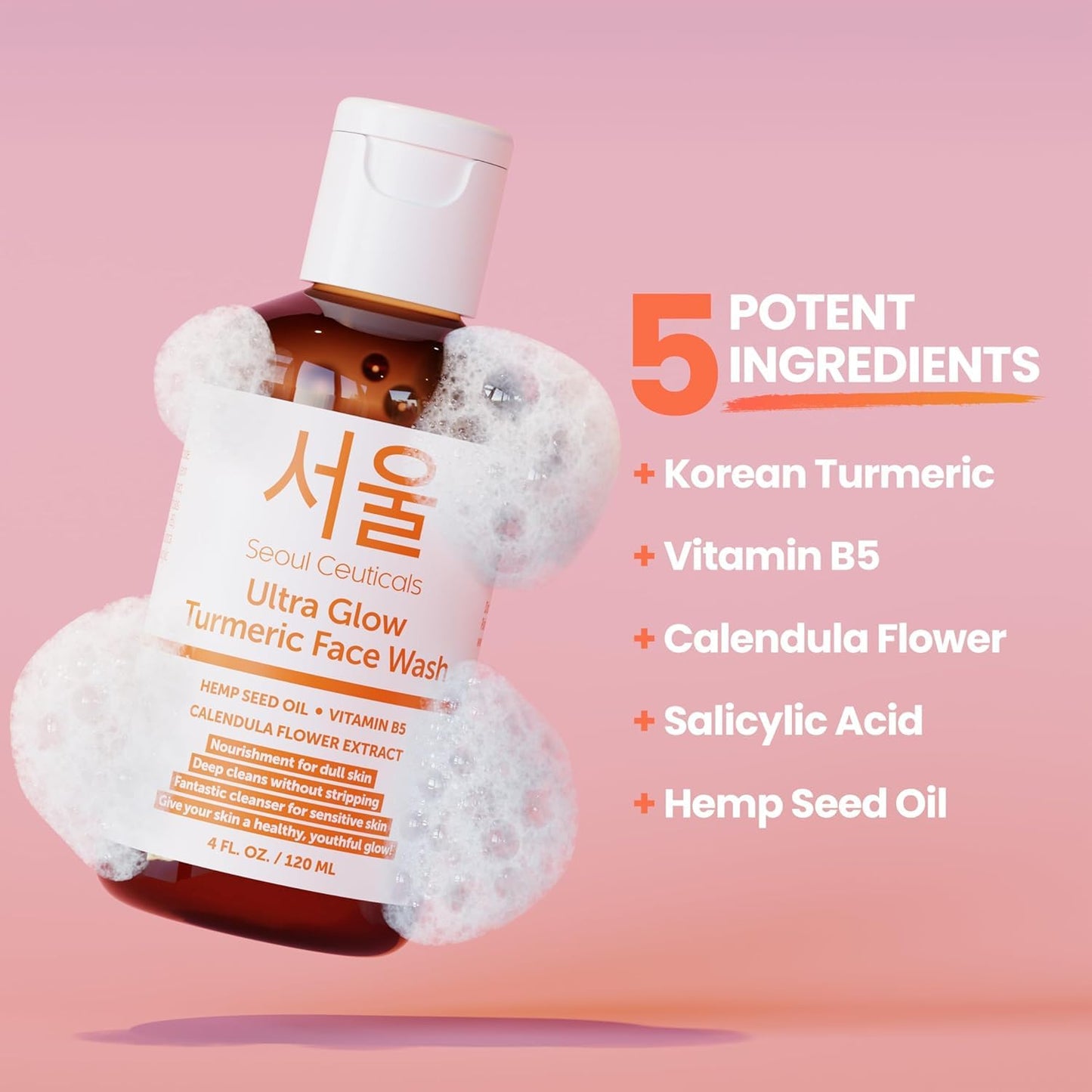 SeoulCeuticals Korean Turmeric Face Wash Cleanser - Vegan Cruelty Free Korean Skincare Facial Cleanser - K Beauty Skin Care for Dry Sensitive Skin 4oz