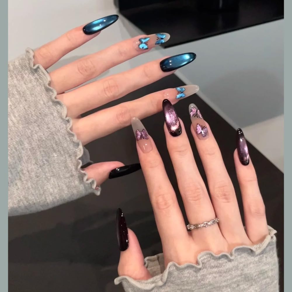 Glazed Beads Cat Eye Press on Nails with Butterfly, Purple Blue Rhinestone Almond Stiletto False Nails (1110 Blue Fantasy Butterfly Long Oval,S) Beauty & Personal Care Waillynice