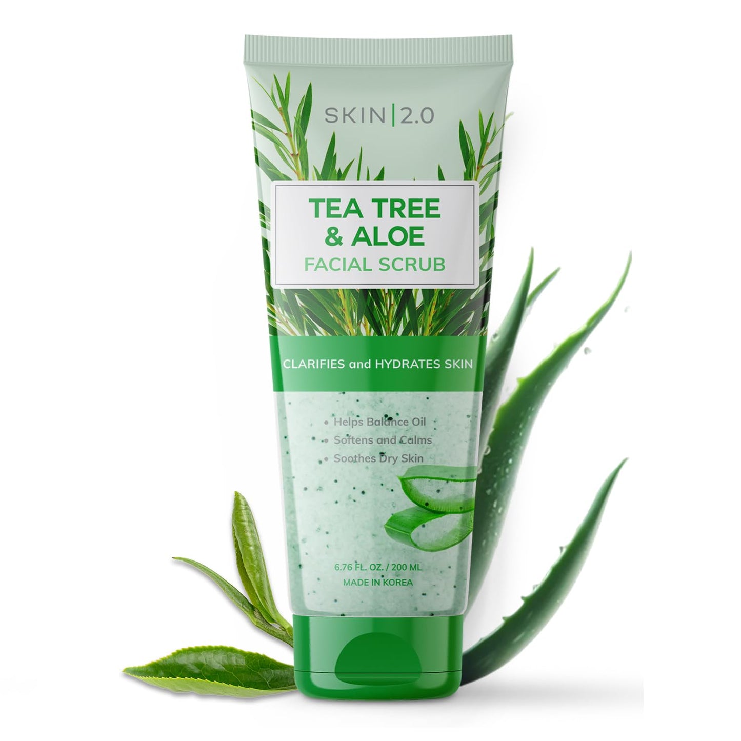 Skin 2.0 Tea Tree & Aloe Gentle Exfoliating Scrub - Dermatologist Tested, Multi-Tasking Cleanser, Clears Skin - Anti-Aging, Clean Beauty, Cruelty-Free