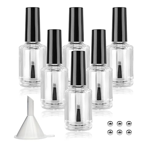Agidea Empty Nail Polish Bottles with Brush Cap, 15ml Empty Glass Refillable Nail Polish Bottles with Mixing Agitator Balls & Funnels, Pack of 6