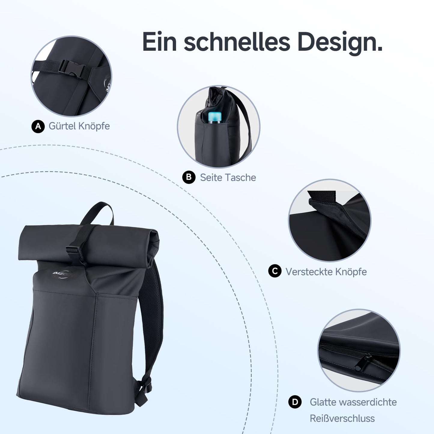 iMZOON Rolltop Backpack for Men Women, Lightweight,PU Waterproof Bag Laptop Backpack Fits 16 inch Laptop Large Capacity Adjustable 23L for Travel Sports Work University Camping School Season,Black