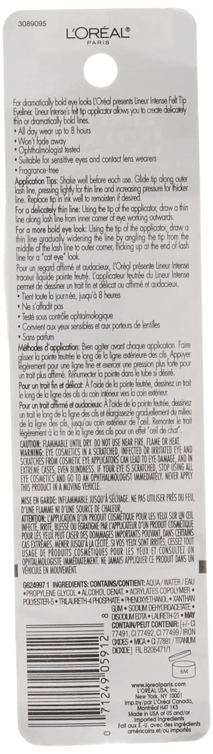 L'Oreal Paris Makeup Lineur Intense Felt Tip Liquid Eyeliner, liquid eyeliner, felt tip applicator, precise bold lines, intense color,…