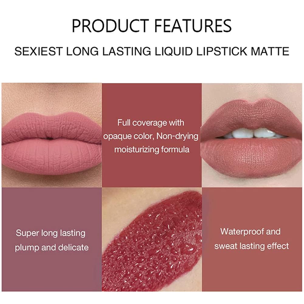 VeniCare 6Pcs Matte Liquid Lipstick Makeup Set, Matte liquid Long-Lasting Wear Non-Stick Cup Not Fade Waterproof Lip Gloss (Set B)