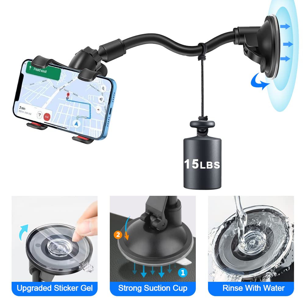 YZtree Phone Holders for Your Car: Windshield Phone Mount with Long Arm, 360° Rotation Strong Suction Cell Phone Car Mount, Anti-Shake Stabilizer…