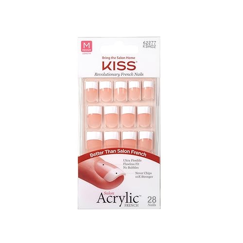 KISS Salon Acrylic Press On Nails, Nail glue included, 'Sugar Rush', French, Medium Size, Square Shape, Includes 28 Nails, 2g Glue, 1 Manicure Stick