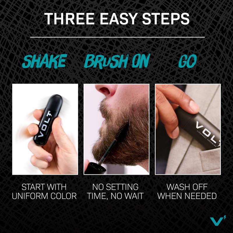 VOLT Grooming Temporary Instant Beard Color for Men, Quick Drying Plant-Based Brush On Beard, Mustache & Eyebrow Color, Sensitive Skin Safe, Burnt