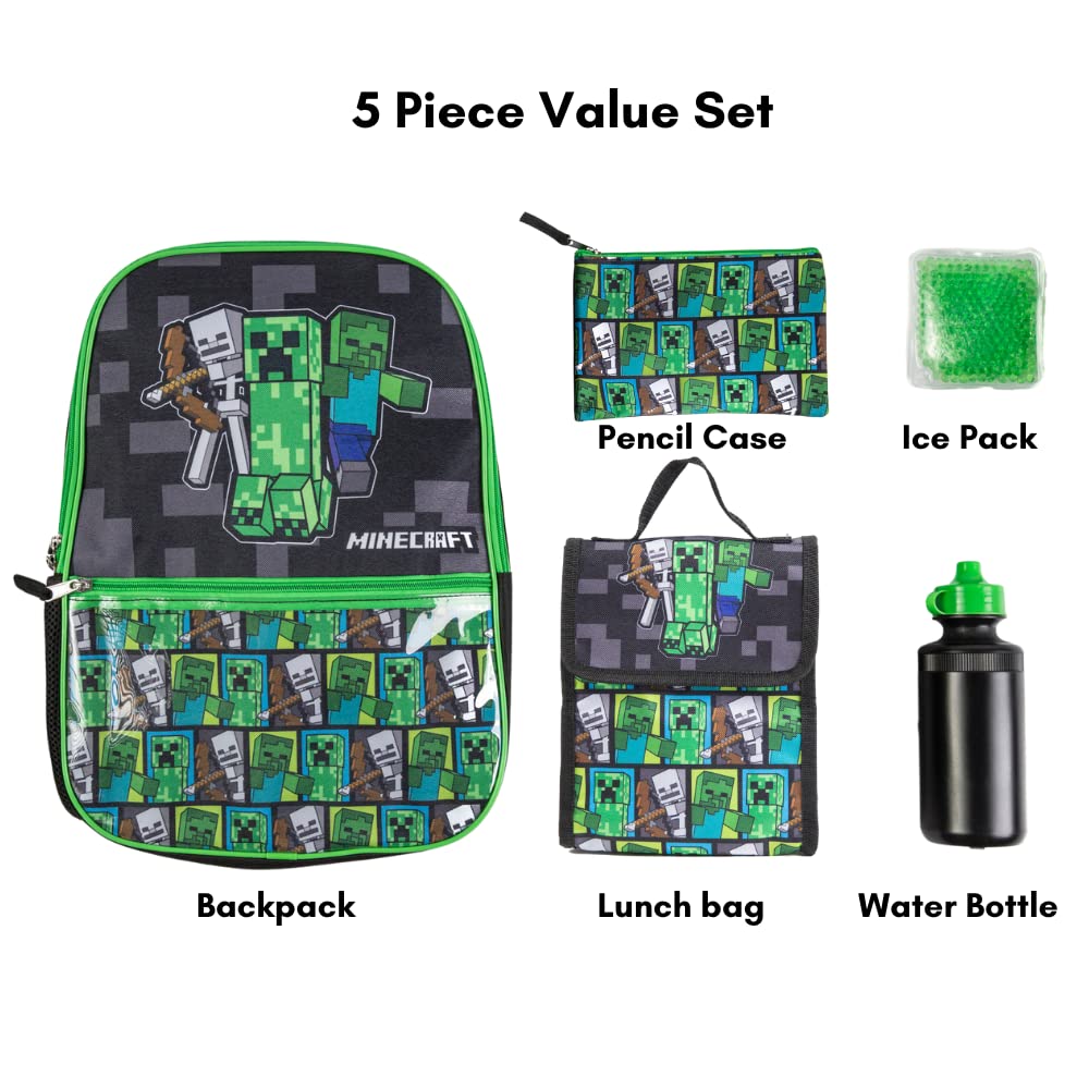 BIOWORLD Unisex Minecraft 5-Piece School Backpack Set (Little Kid/Big Kid), Green, One size