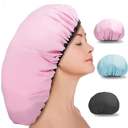 3 Pcs 16.5" Super Extra Large Shower Cap, Reusable Dual Waterproof Shower Cap for Women, Jumbo Satin Lined Shower Cap for Braids & Long Hair, XXL