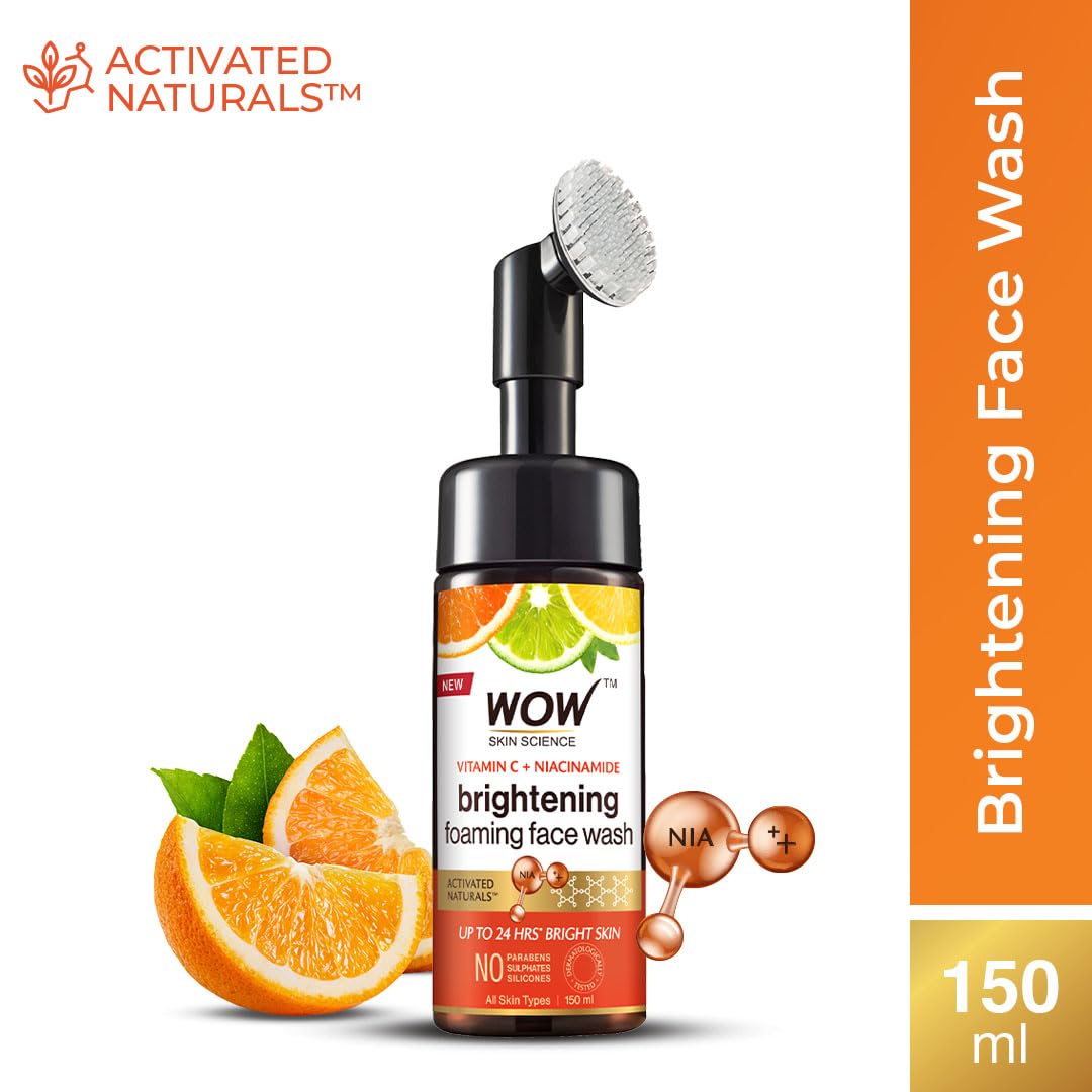 WOW Skin Science Vitamin C Exfoliating Face Wash With Brush, Soft, Silicones Bristles, Foaming Cleanser For All Skin Type, Hydrate For Smooth Skin