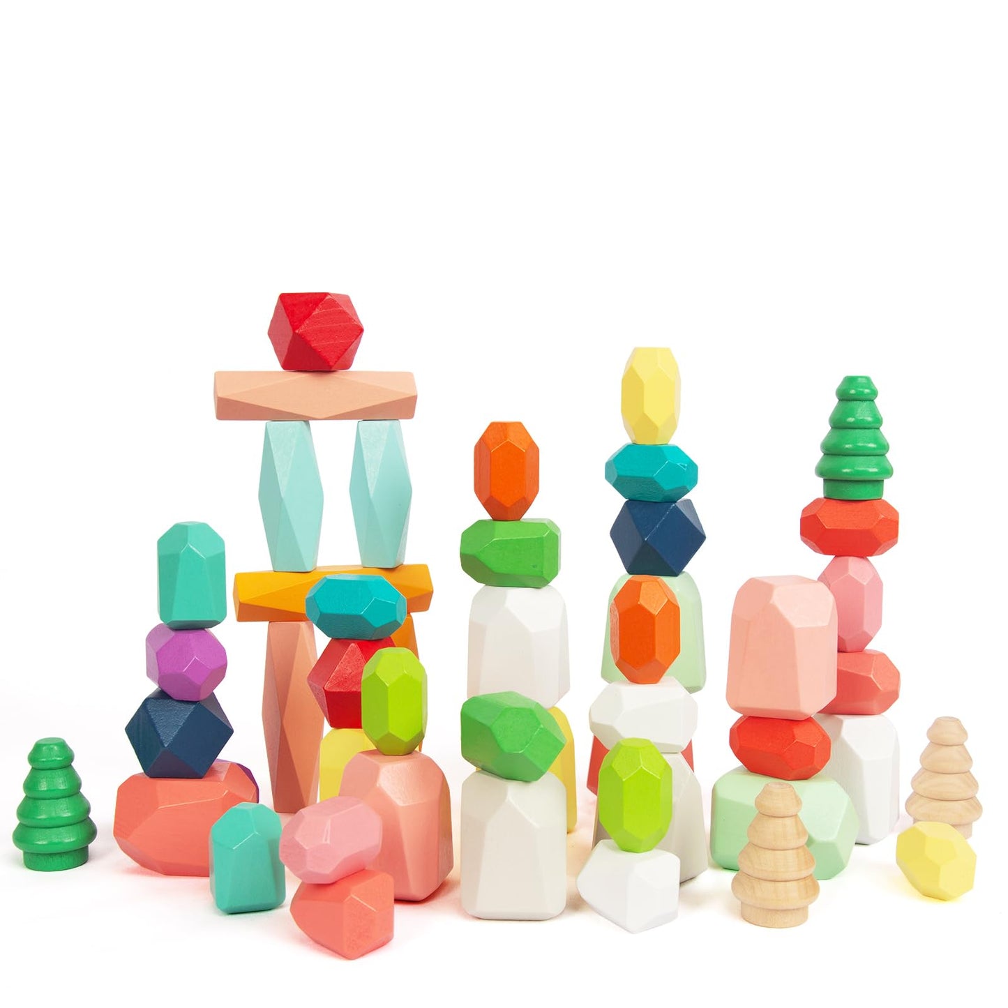 WOODENFUN 48pcs Wooden Stacking Rocks – Montessori Sensory STEM Building Blocks Game for Kids Ages 3-6, Educational Birthday Gift